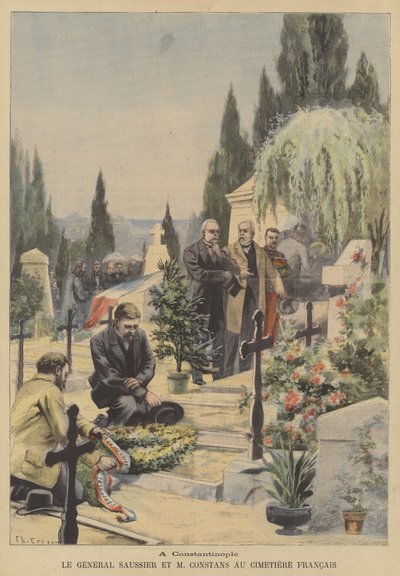 General Saussier og den franske ambassadøren Ernest Constans på den franske kirkegården i Konstantinopel (farge litho) av French School