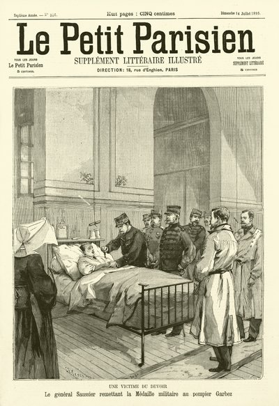 General Saussier tildeler den franske militærmedaljen til en brannmann ved navn Garbez, skadet i tjenesten (gravering) av French School
