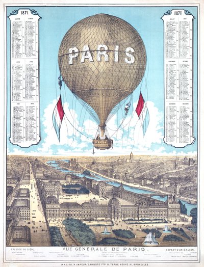 Generell utsikt over Paris og liste over ballongavgangssteder under Paris-beleiringen, 1871 av French School