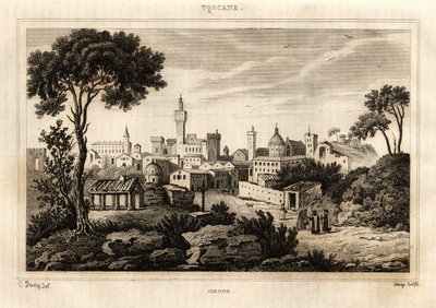 Generell utsikt over Siena (Siena) i Toscana, gravering av C. Deveze i "Italia pittoreske"", Amable Coste-redaktør av French School