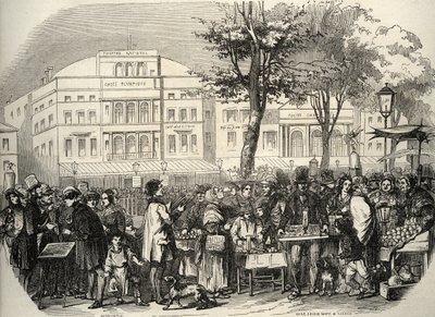 General view of the boulevard du Temple in Paris - street vendors - Paris - Vue générale du boulevard du Temple - Merchants ambulants - Engraving in “Tableau-de-Paris” by Edmond Texier 1852 av French School