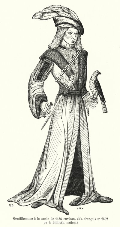 Fasjonabel herre fra rundt 1488 (gravering) av French School
