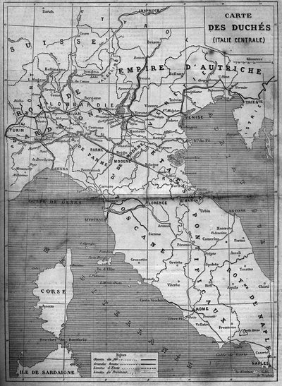Geografisk kart over hertuginnen av Sentral-Italia i 1860. Gravering i “” Le Monde Illustré”” nr. 143 av 7. januar 1860. av French School