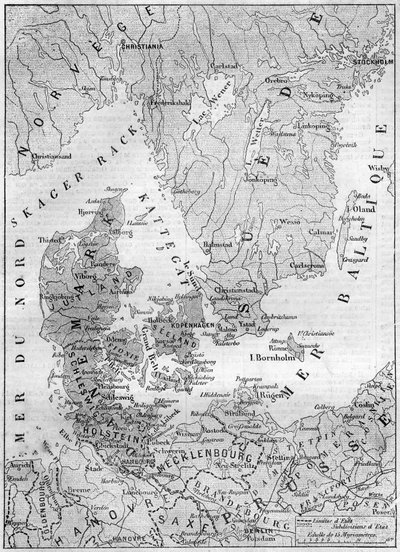 Geografisk kart over Danmark i 1861, med hertuginnen av Schleswig, Holstein og Lauenburg. Gravering i "" Le Monde Illustré"" nr. 200 av 9. februar 1861. av French School
