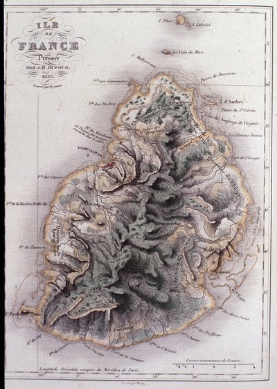 Geografisk kart over Mauritius (Anc. Ile de France) - gravering av French School