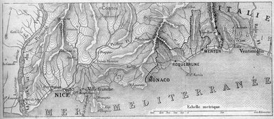 Geographic map of the Principaute de Monaco, in 1861, before the city of Roquebrune and Menton joined France. Engraving in “” Le Monde Illustré”” n°202 of 23 February 1861. av French School