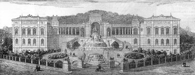 Geometral view of the Palais de Longchamp in Marseille, Bouches du Rhone (13), built in 1862 by Henri Jacques Esperandieu (1829-1874). Engraving in “” Le Monde Illustré”” n°681 of April 30 av French School
