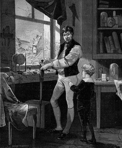 George Stephenson, British engineer (1781-1848) with his son. av French School