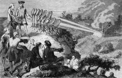 Georges-Louis Leclerc (1707-88) grev de Buffon eksperimenterer med flammende speil på høystakker ved Montbard, fra La Vie des Savants Illustres av Louis Figuier, utgitt i Paris i 1872 (bw p av French School