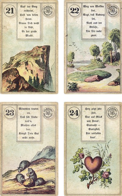 Tysk utgave av Lenormand French cartomancy deck: The Mountain, The Road, The Mice, The Heart, utgitt av Dondorf, Frankfurt, 1800-tallet av French School
