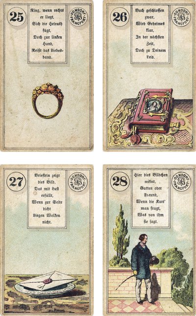 Tysk utgave av Lenormand French cartomancy-dekk: The Ring, The Book, The Letter, The Gentleman, utgitt av Dondorf, Frankfurt, 1800-tallet av French School