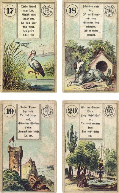 Tysk utgave av Lenormand French cartomancy deck: The Stork,The Dog, The Tower,The Garden, utgitt av Dondorf, Frankfurt, 1800-tallet av French School