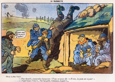 Tysk soldat tatt til fange av franske soldater som et resultat av et triks, tegneserie fra April Fools Day (Poisson dAvril)-utgaven av La Baionette magazine, 29. mars 1917 av French School