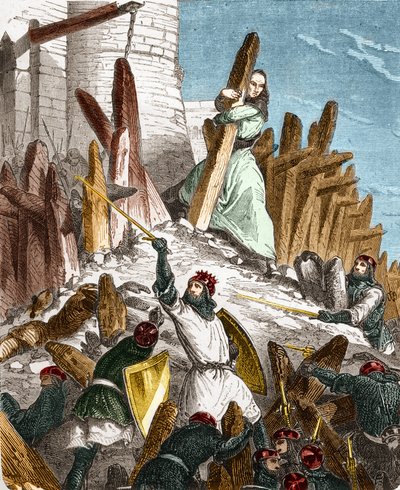 Geurre mot Hugues du Puiset av Louis le Gros: Angrep på Chateau du Puiset (som ligger i departementet Eure-et-Loir) av styrkene til kongen av Frankrike LOUIS VI le Gros i 1118. Gravering i "Histoire De France En Hundre malerier av Paul Lehugeur av French School
