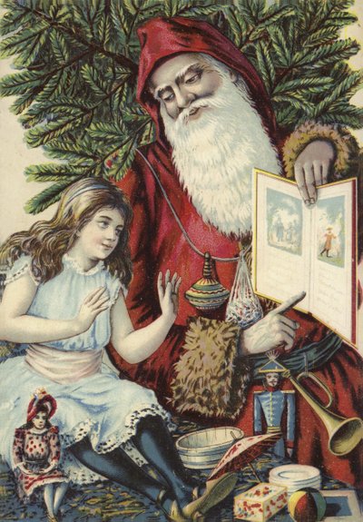 Jente som blir vist illustrert bok av julemannen av French School