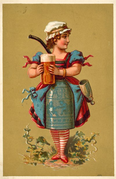 Jente som holder et stort glass øl (chromolitho) av French School