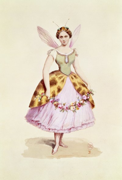 Jente i biekostyme, Bonaparte-emblemet, som båret på en fancy dress-fest gitt av Napoleon III og keiserinne Eugenie, 9. februar 1863 (wc på papir) av French School