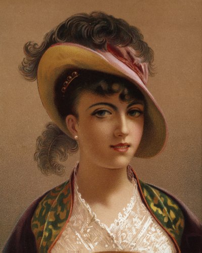 Jente i rosa hatt (chromolitho) av French School