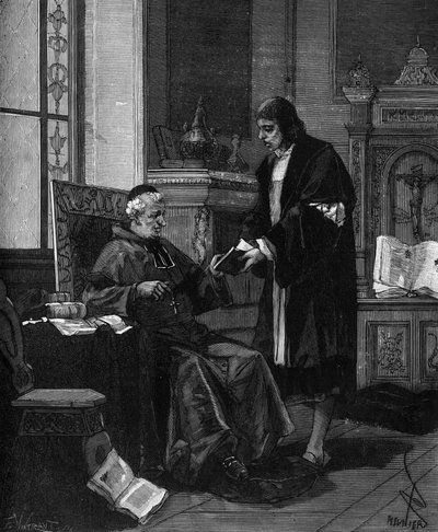 Girolamo Fracastoro kjent som FRACASTOR (1478-1553). Italiensk humanist og lege presenterer diktet sitt til kardinal Bembo. av French School