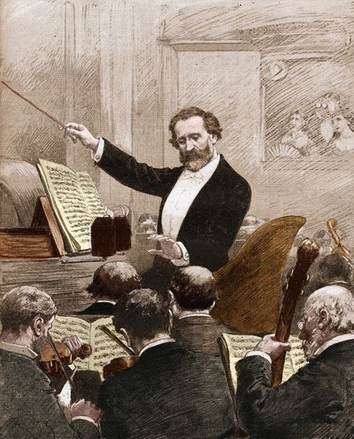 Giuseppe Verdi ledet operaorkesteret til den første representasjonen av "" Aida" i Paris i 1880. av French School