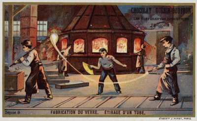 Glass produksjon. Å trekke ut et rør (chromolitho) av French School