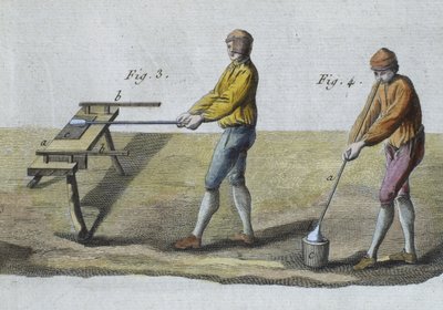 Glassblåsing, detalj, illustrasjon fra Encyclopedie des Sciences et Metiers av Denis Diderot (1713-84) gravert av Robert Benard (fl.1734) utgitt ca. 1770 (fargegravering) (se også 326118) av French School