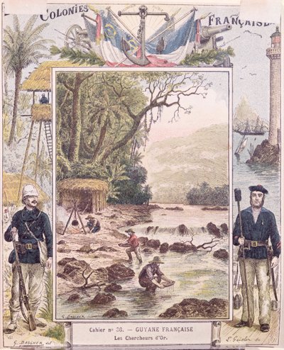 Gold Diggers in French Guyana, omslag til skoleoppgavebok, ca. 1880 av French School