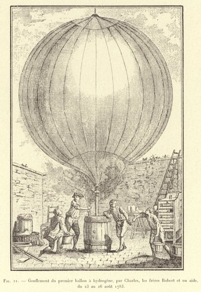 Oppblåsing av den første hydrogenballongen, av Charles, Robert-brødrene og en assistent, fra 23. til 26. august 1783 (gravering) av French School