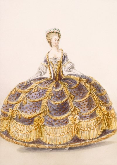 Kjole egnet for presentasjon ved hoffet, tallerken fra Galeries des Modes et Costumes Francais, c.1778-87 99:clothing; tradisjonell kjole; tradisjonelle kostymer; mote; illustrasjon; av French School