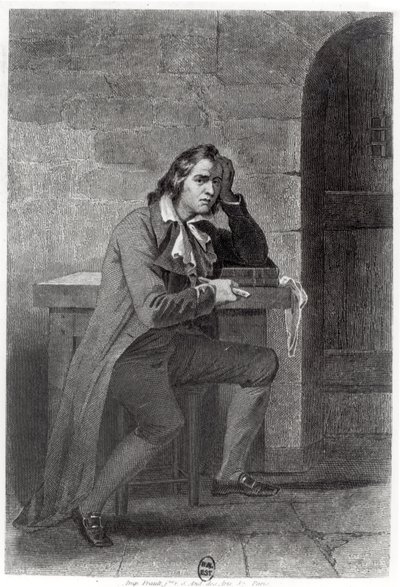 Gracchus Babeuf (1760-97) knivstikker seg selv (gravering) (s/hvitt-bilde) av French School