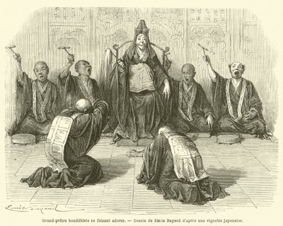 Buddhistisk yppersteprest blir tilbedt (gravering) av French School