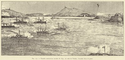 Store marinemanøvrer fra 1891, i havnen i Toulon; skvadronen tvinger passet (gravering) av French School