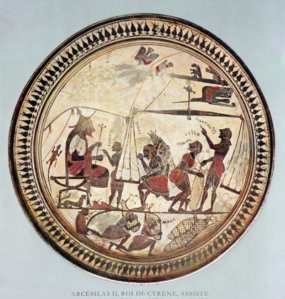 Gresk kopp som viser Arcesilas II, kongen av Kyrene (ca. 560-550 f.Kr.) som ser på veiing og lasting av silfium, kopi av en original fra 600-tallet f.Kr. av French School