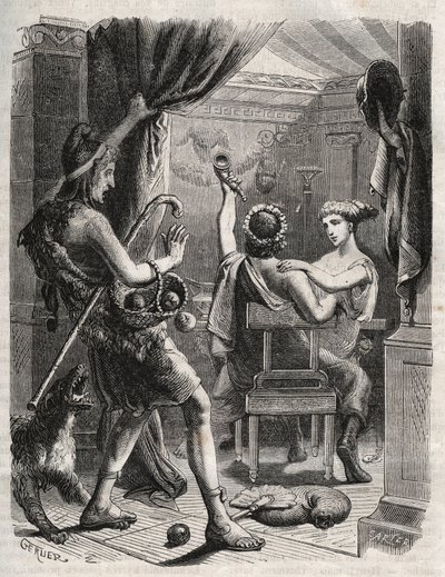 Greek mythology: “” This cry was made by Paris””. Paris surprises Helene with Peritanus. Engraving from 1871 in “Histoire Des Cocuses Celebres”” by Henry de Kock (1819-1892). av French School