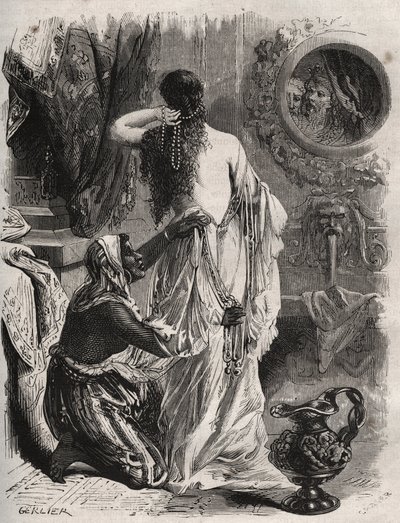 Gresk mytologi: kongen av Lydie Candaule (eller Caudale) viser sin kone naken for sin fortrolige Gyges, gjemmer seg i skyggene når hun lukker seg på soverommet. Gravering fra 1871 i «Histoire Des Cocus Celebres»» av Henry de Kock (1819-1892). av French School