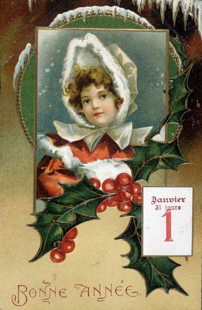 Gratulasjonskort: "" Godt nyttår"" (jente med kristtorn) - postkort, n.d., tidlig på 1900-tallet av French School