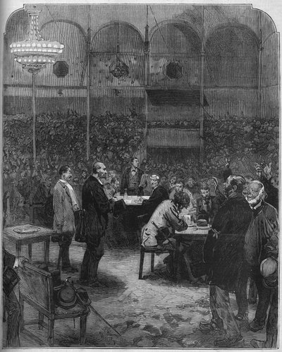 Greve des cochers de charres de Paris i 1878: valg av delegater til selskapet Petites Cars (Petite-Cars) i Fernando-sirkuset. Gravering i "" Le Monde Illustré"" nr. 1116 av 17. august 1878. av French School