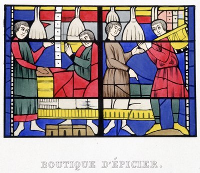 Matbutikk. Faksimile av et glassmaleri fra middelalderen i «Histoire de la peinture sur verre»» av Ferdinand de Lasteyrie av French School