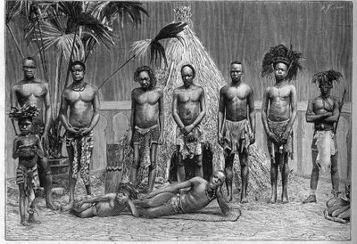 Gruppe menn fra den angolanske troppen stilte ut i Paris under verdensutstillingen i 1889 (Human Zoo). av French School