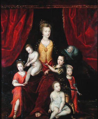 Gruppeportrett, muligens av en dronning med sine seks barn, sent på 1500- eller begynnelsen av 1600-tallet (olje på lerret) av French School