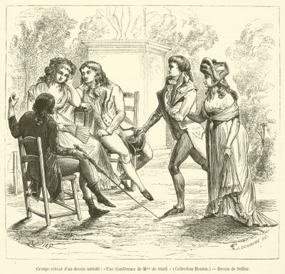 Gruppe hentet fra en tegning med tittelen, Une Lecture de Madame de Stael, Collection Hennin (gravering) av French School