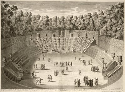 Grove of the Salle du Bal, Versailles, fra Plans, Profiles and Elevations of the Towns and Palaces of Versailles, gravert av Lucas, publisert ca. 1715 av French School