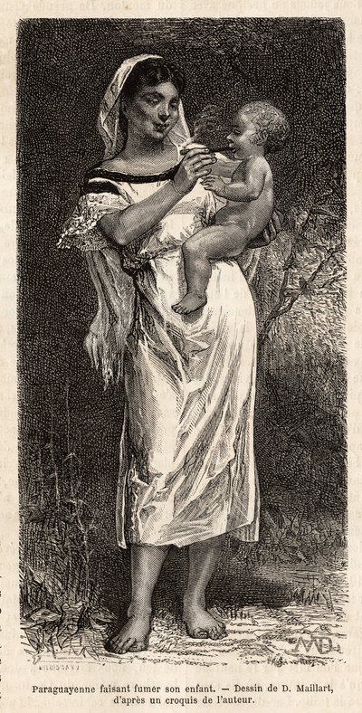 Guaranie-kvinne som røyker sigaren til barnet sitt, rir på hoften hennes, for å prøve å dempe ropene hennes, gravering etter D.Maillarts tegning, illustrerer reisen til Paraguay i 1872-1873, av L.Forgues, publisert i "" Le tour du monde”” 1874, redigert av av French School