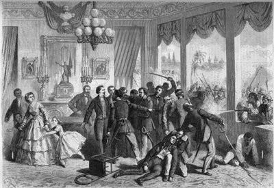 Den søramerikanske spanske krigen - Lima (Peru) - 5. februar 1865: spanjolene såret og forfulgt av befolkningen i byen søker tilflukt i den franske legasjonen. Gravering i ""Le Monde Illustre"" nr. 421 av 6. mai 1865. av French School