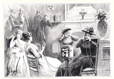 Gjester på et hotell i Paris som lytter til direkte stafetter for opera- eller teaterforestillinger på Marinovitchs og Szarvadys Theatrophone, fra La Nature, publisert 1892 av French School