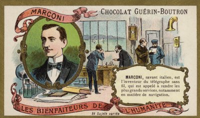 Guglielmo Marconi , italiensk oppfinner og radiopioner (chromolitho) av French School
