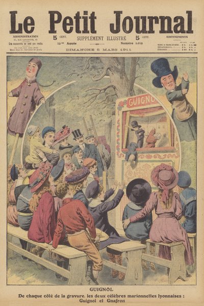 Guignol og Gnafron, berømte franske dukker fra et show fra Lyon (fargelitografi) av French School