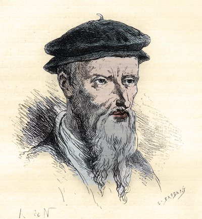 Guillaume Farel - William Farel - 1489-1565 - gravering fra "" Frankrikes historie fortalt til mine barnebarn"" - av Francois Guizot - 1872-1876 av French School
