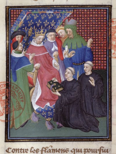 Guillaume de Nangis (d.1300 eller 1303) presenterer boken sin til Philippe IV le Bel, konge av Frankrike fra 1285-1314 (vellum) (detalj av 239257) av French School