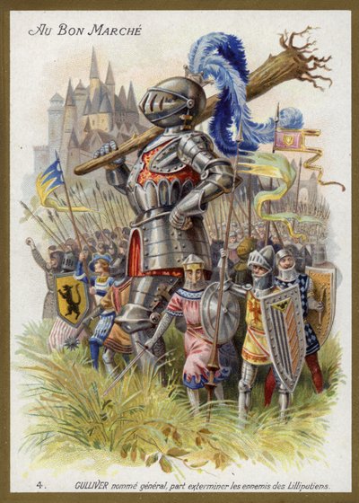 Gulliver, utnevnt til general, tar sikte på å utrydde fiendene til Lilliputians (chromolitho) av French School